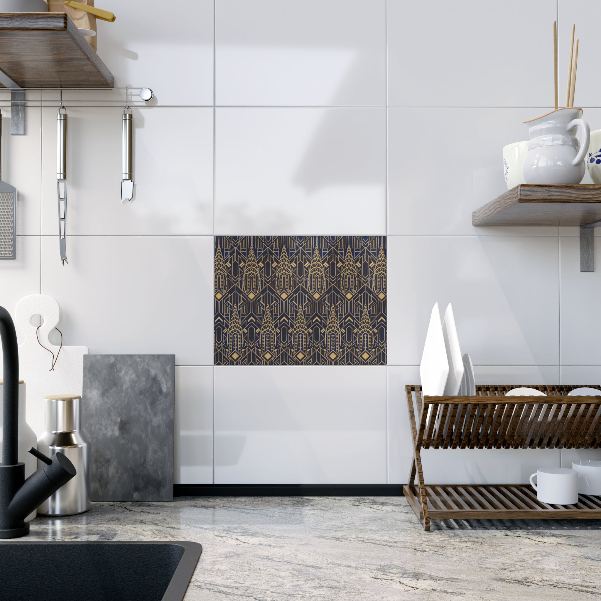 Chrysler Building Art Deco Ceramic Kitchen Tile — NYC Navy & Gold Geometric 6" x 8" Shower Tile
