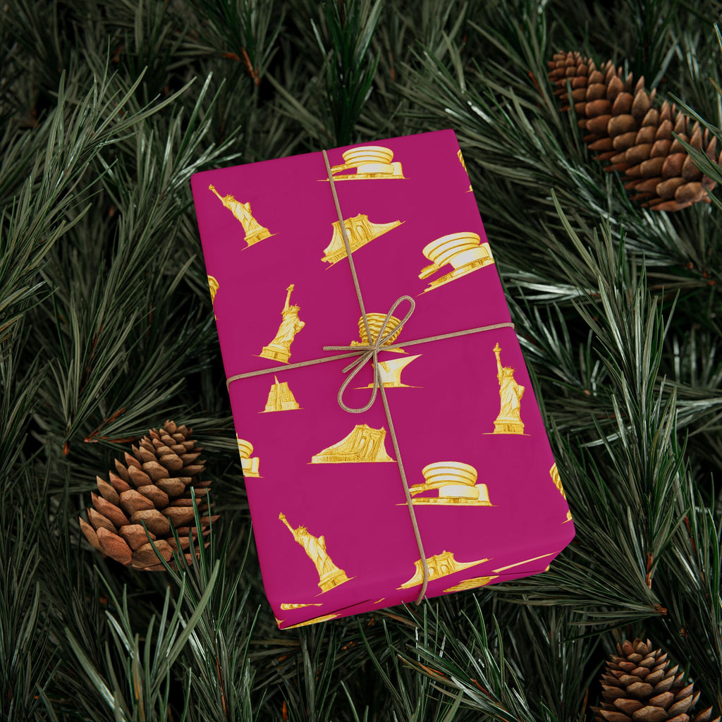 Gold NYC Landmarks on Pink Gift Wrap Paper | New York Statue of Liberty Oculus Vessel Brooklyn Bridge Guggenheim Wrapping Paper Roll