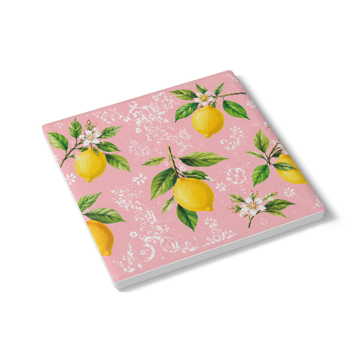 Little Italy Amalfi Pink with Lemon Ceramic Coaster — Mediterranean Lemon Pattern Drink Coaster
