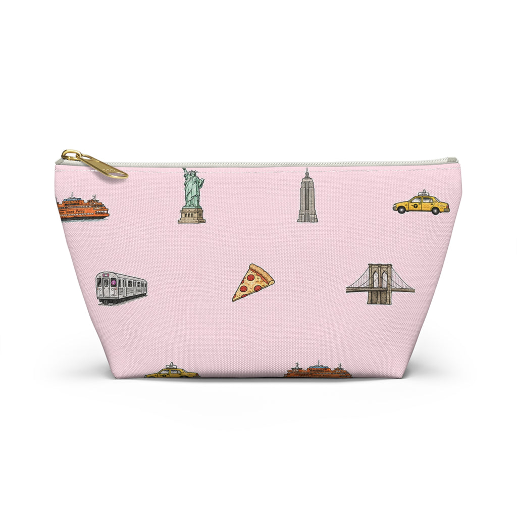 Icons of New York City Pink  Accessory Pouch — T-Bottom Makeup Bag with Statue of Liberty, Taxi & Pizza Pattern