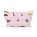 Icons of New York City Pink  Accessory Pouch — T-Bottom Makeup Bag with Statue of Liberty, Taxi & Pizza Pattern