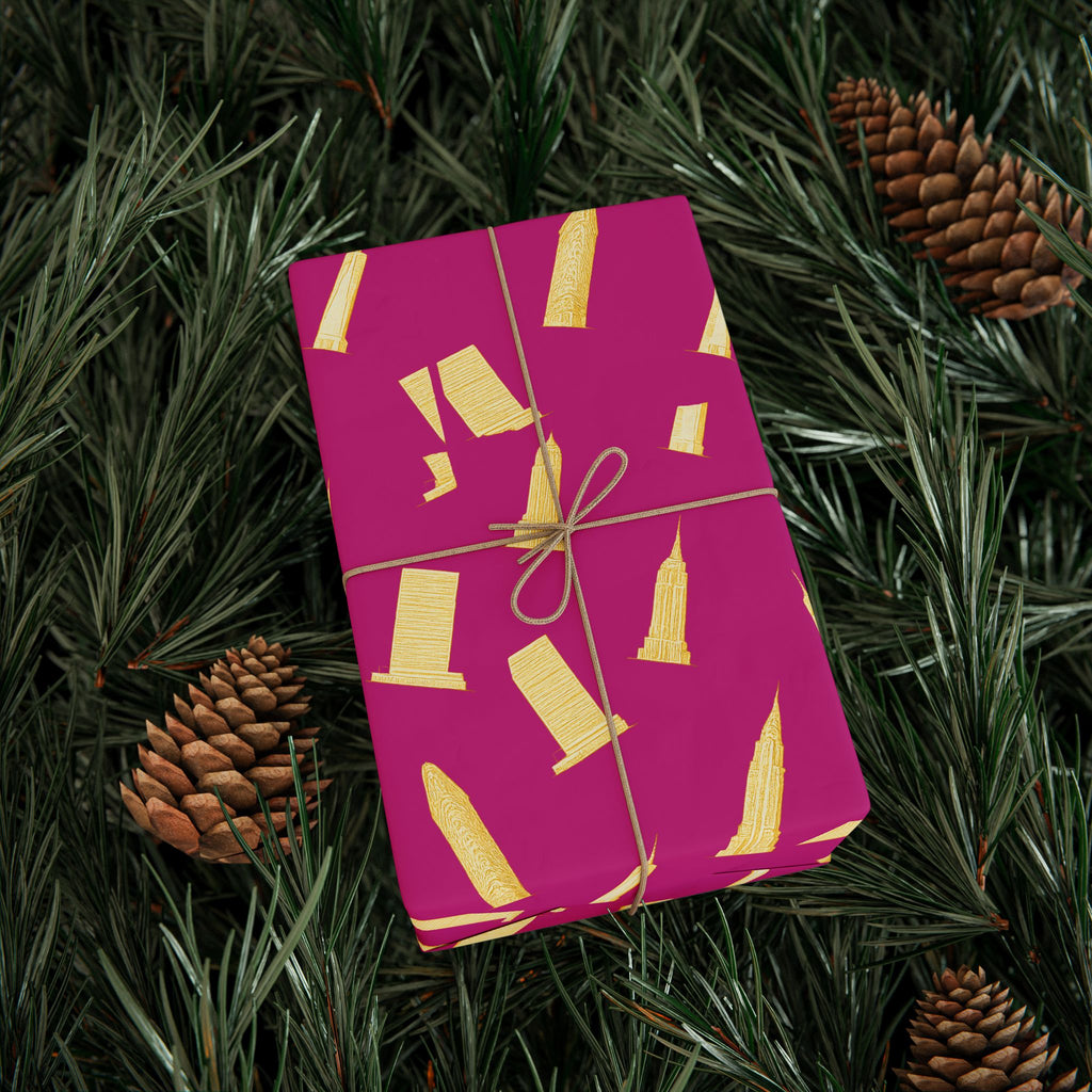 NYC Architecture Gold on Pink Pattern Gift Wrap Paper | Iconic New York Buildings Empire State Chrysler Flatiron Wrapping Paper