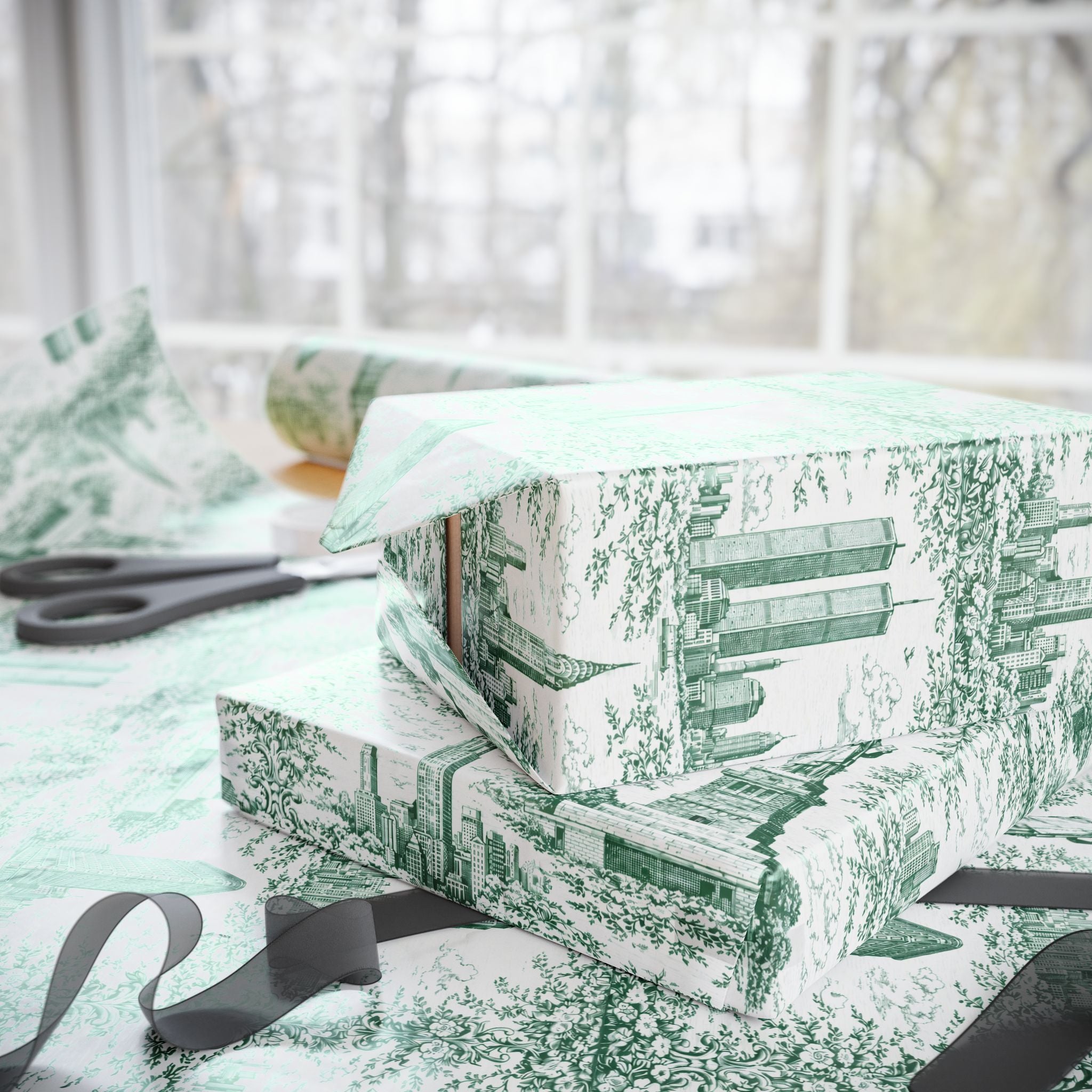 Manhattan NYC Green Toile Gift Wrapping Papers   Chinoiserie Old New York City Gift Wrap Empire State Building Twin Towers Statue of Liberty