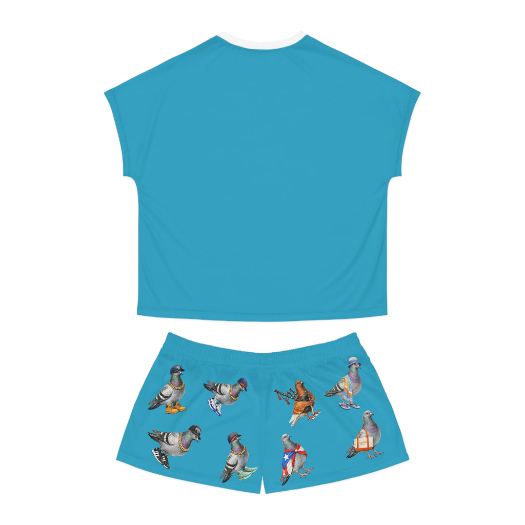 Blue NYC Pigeon Pattern Short Pajama Set | New York City Bird Lovers PJs Cozy Sleepwear