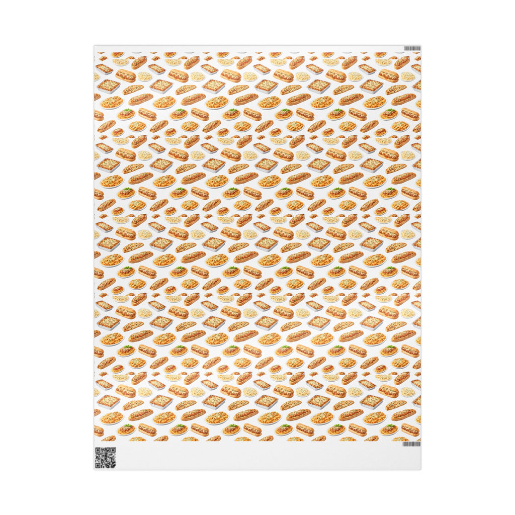 Italian Food Pattern White Gift Wrap Paper | Pasta Spaghetti Rigatoni Meatball Sub Wrapping Paper Roll, Foodie Party Wrap