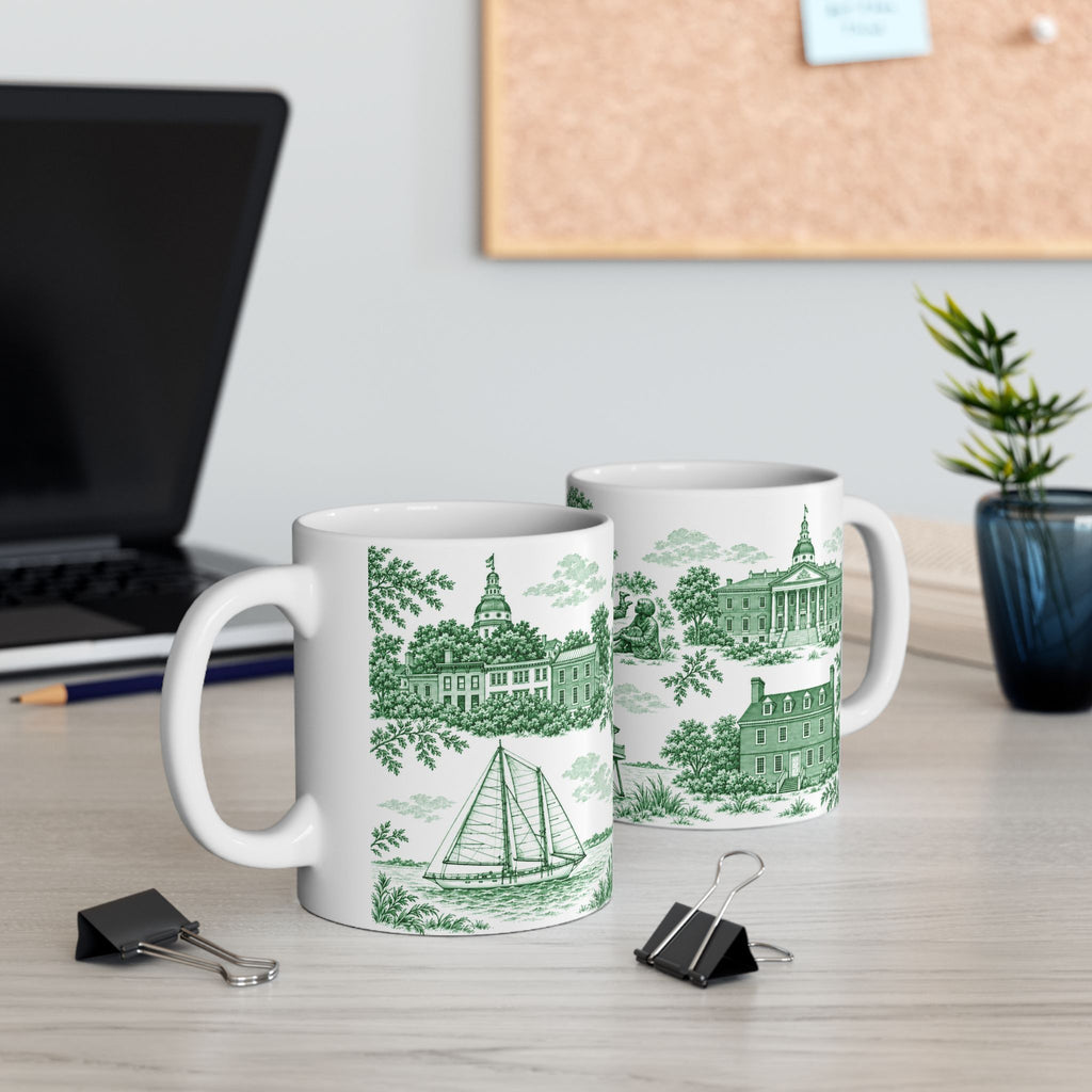 Annapolis Green Toile de Jouy Ceramic Mug – Vintage Scenic 11oz Mug