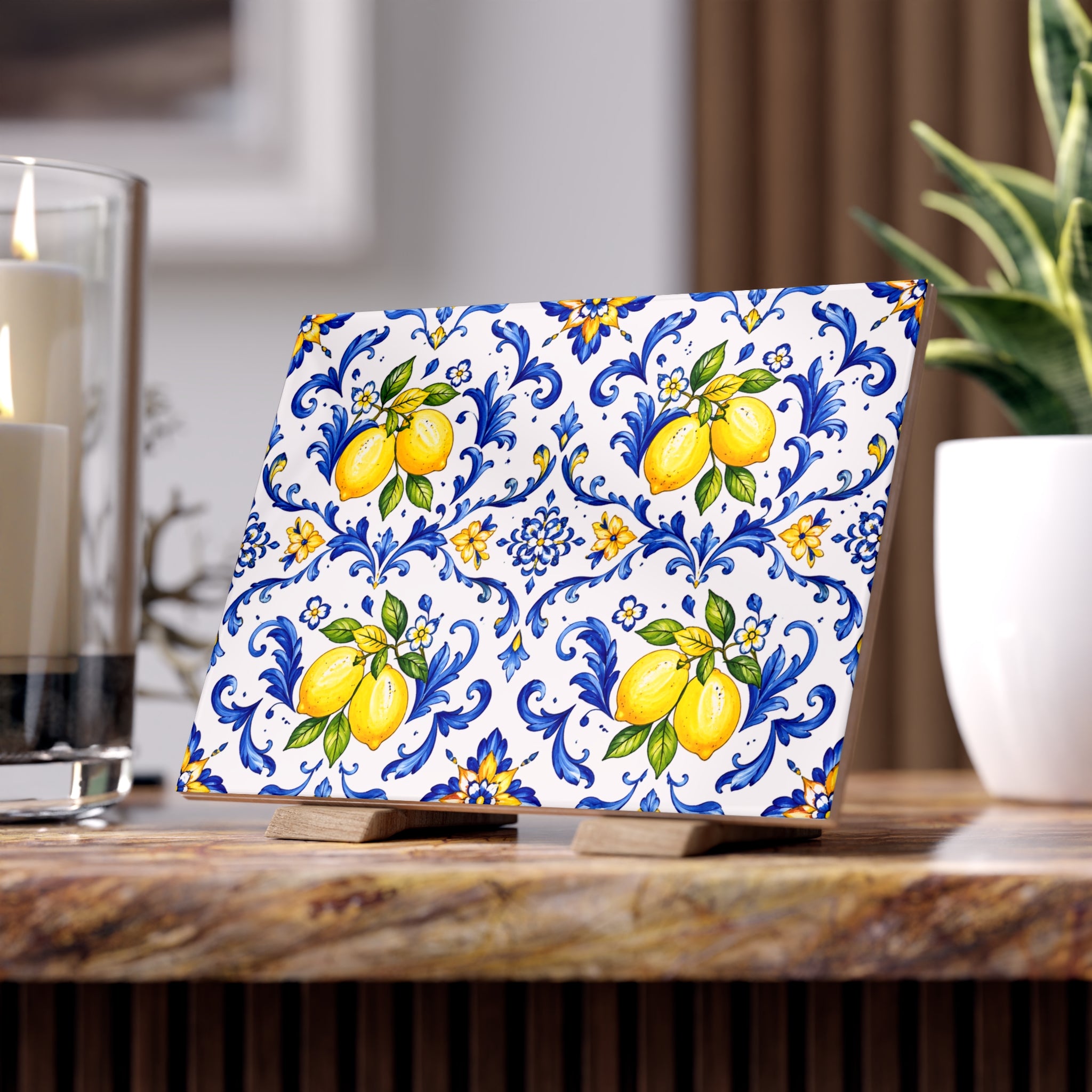 Little Italy Amalfi Blue and White with Lemon Ceramic Tile - Mediterranean Lemon Decorative Kitchen Backsplash Tile Art 6" x 8"