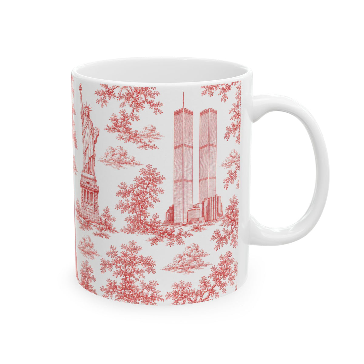 Manhattan Red Toile de Jouy Mug with Twin Towers | New York City Chinoiserie Ceramic Coffee Cup