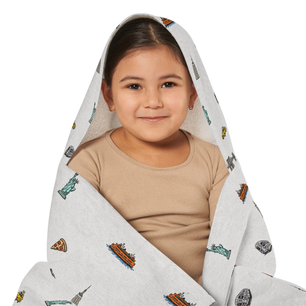 Icons of New York City Heather Gray Hooded Kids Towel — Statue of Liberty, Pizza & Skyline Childrens Towel