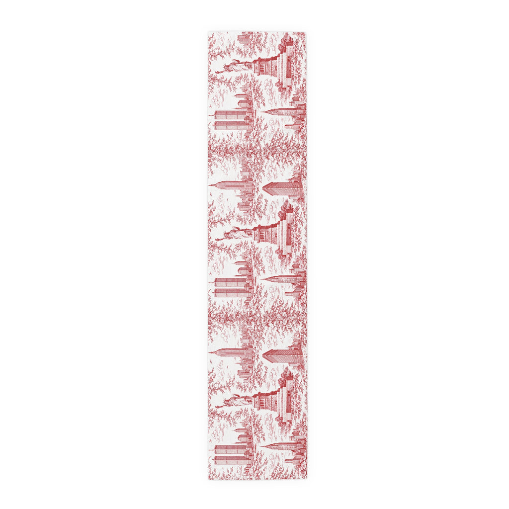 Red Toile de Jouy New York City Cityscape Table Runner — Scenic NYC Chinoiserie Skyline Dining Table Decor