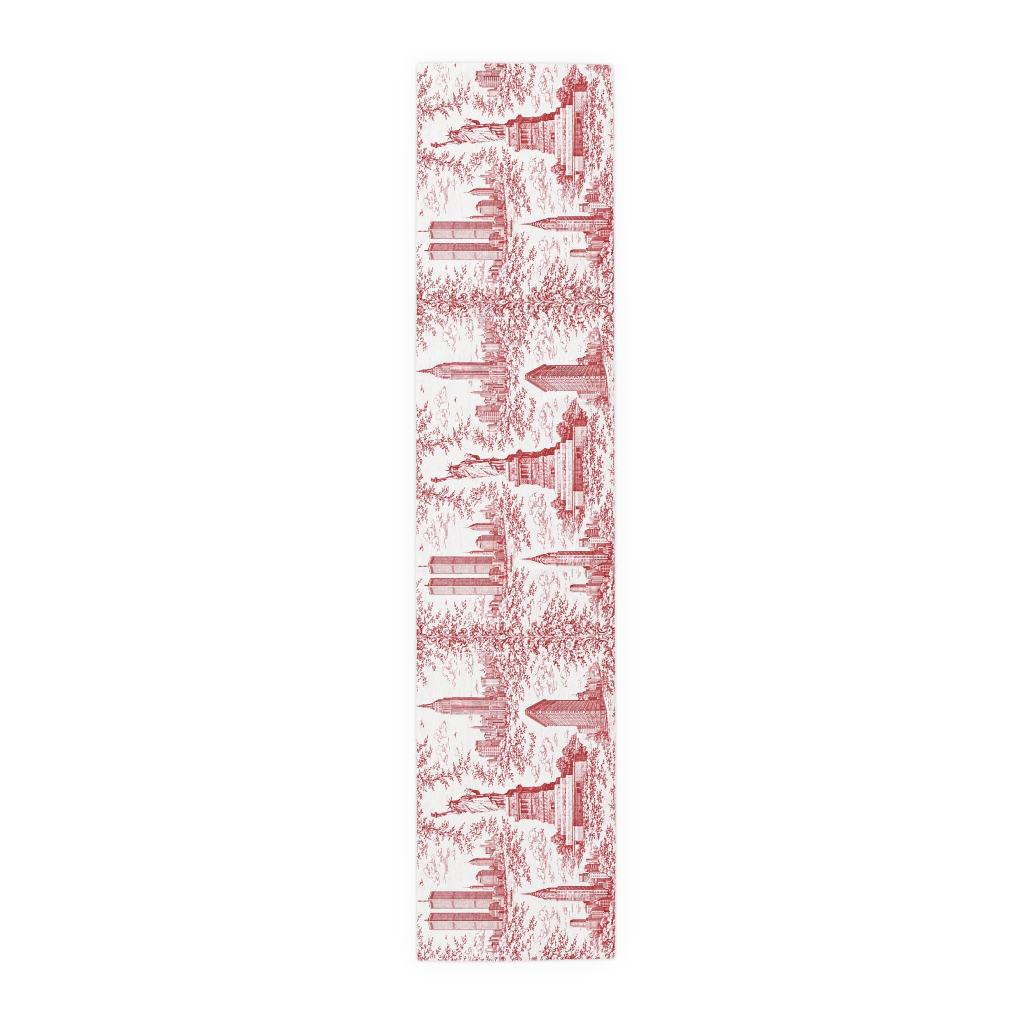 Red Toile de Jouy New York City Cityscape Table Runner — Scenic NYC Chinoiserie Skyline Dining Table Decor