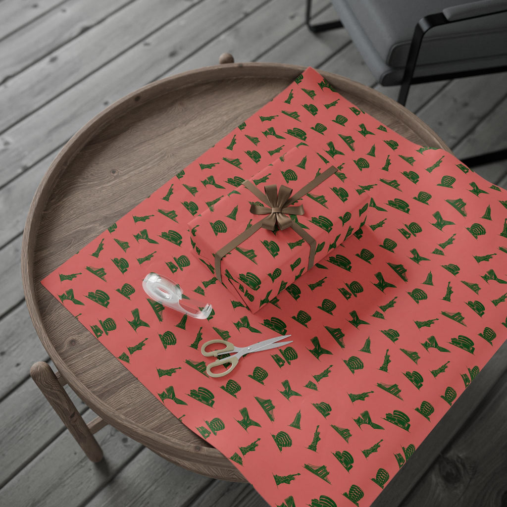NYC Landmarks on Pink Gift Wrap Paper | New York Statue of Liberty Oculus Vessel Brooklyn Bridge Guggenheim Wrapping Paper Roll