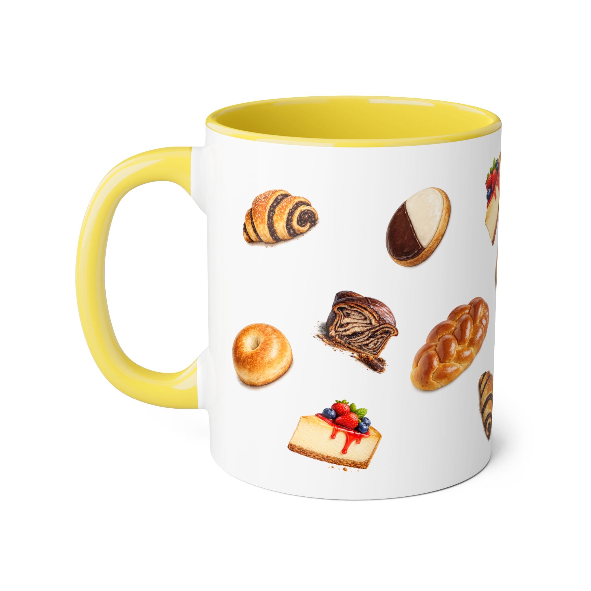NYC Kosher Bakery Pattern Mug | Babka Cheesecake Rugelach Black + White Cookie Challah Bagel 11oz Ceramic Coffee Cup
