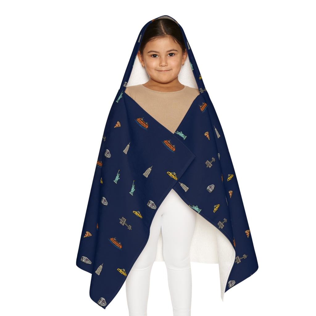 Icons of New York City Navy Blue Hooded Kids Towel — Statue of Liberty, Pizza & Skyline Childrens Towel
