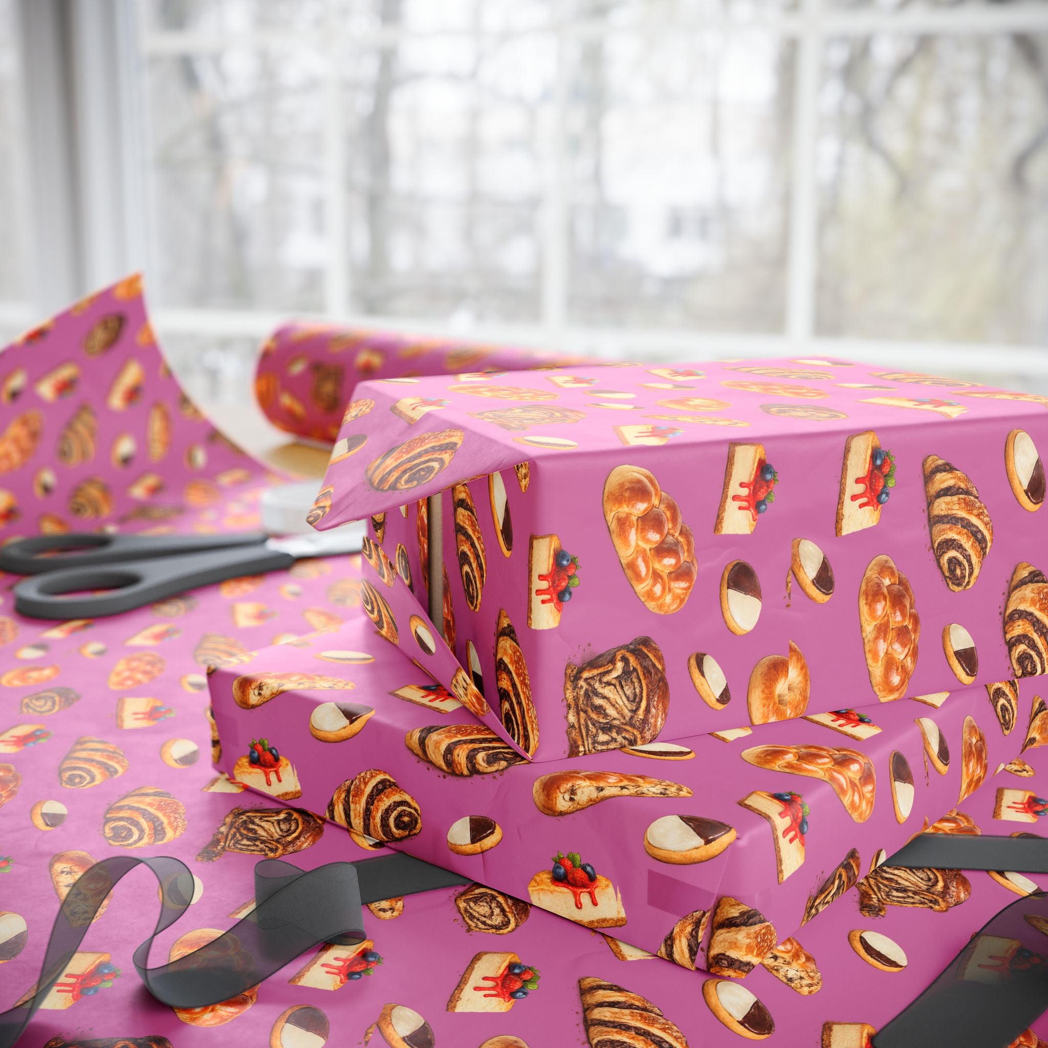Kosher Bakery Pastries Pattern Pink Gift Wrap Paper | Bagels Challah Cheesecake Roll Gift Wrapping Paper
