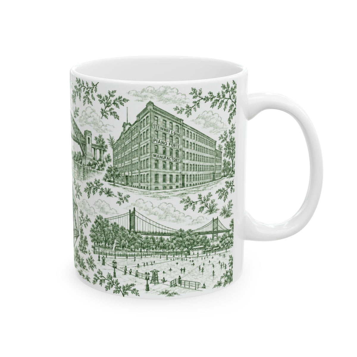 Astoria Green Toile Cityscape Ceramic Mug — 11oz Decorative Coffee Cup