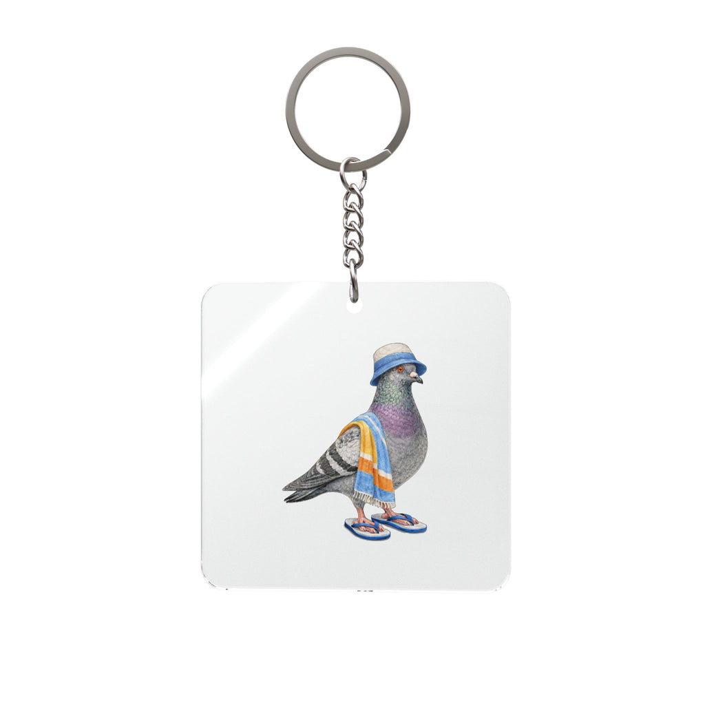 Customizable Coney Island NYC Pigeon Square Keychain | Brooklyn Beach Bum Bird Lovers Keyring Gift