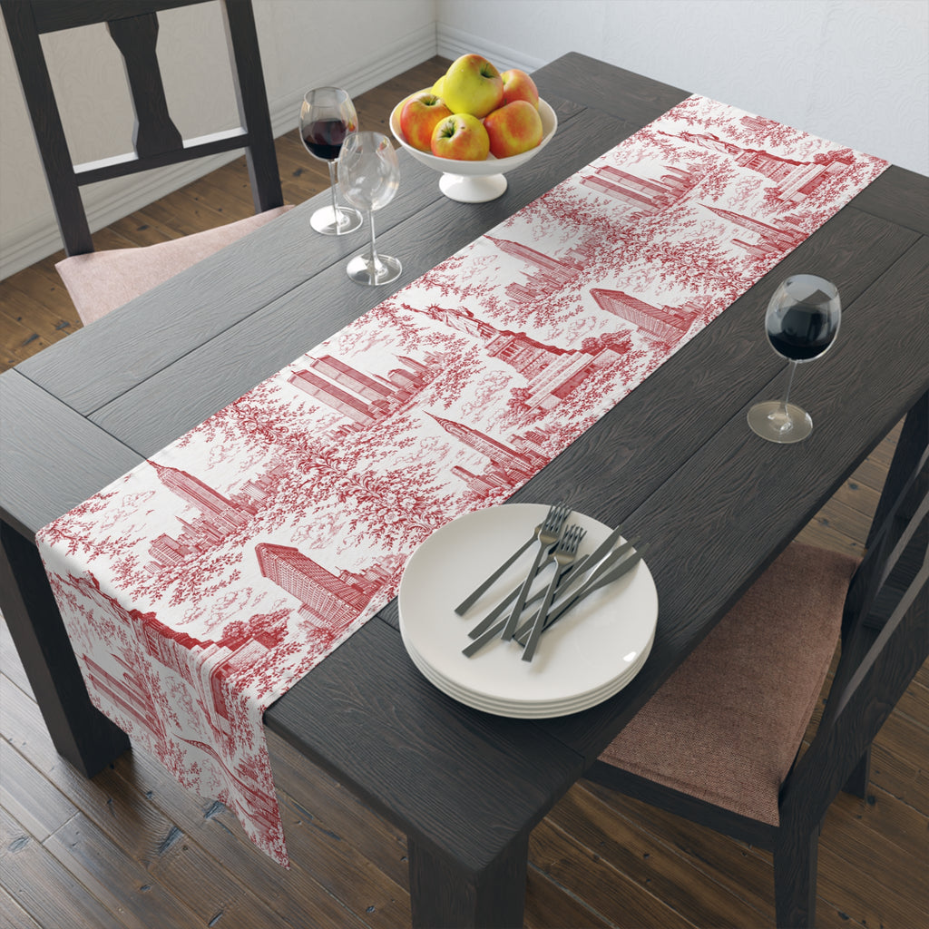 Red Toile de Jouy New York City Cityscape Table Runner — Scenic NYC Chinoiserie Skyline Dining Table Decor