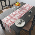 Red Toile de Jouy New York City Cityscape Table Runner — Scenic NYC Chinoiserie Skyline Dining Table Decor