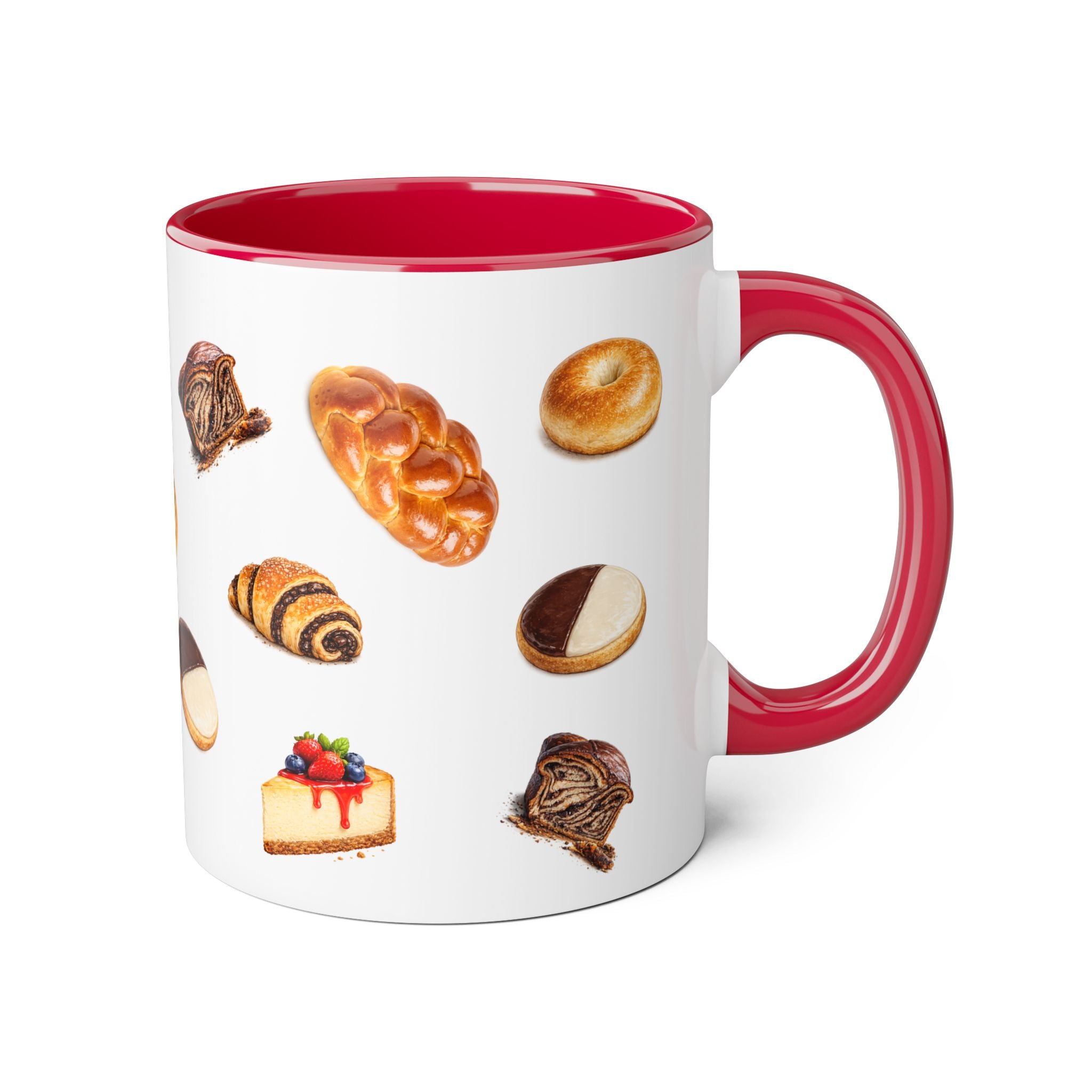 NYC Kosher Bakery Pattern Mug | Babka Cheesecake Rugelach Black + White Cookie Challah Bagel 11oz Ceramic Coffee Cup