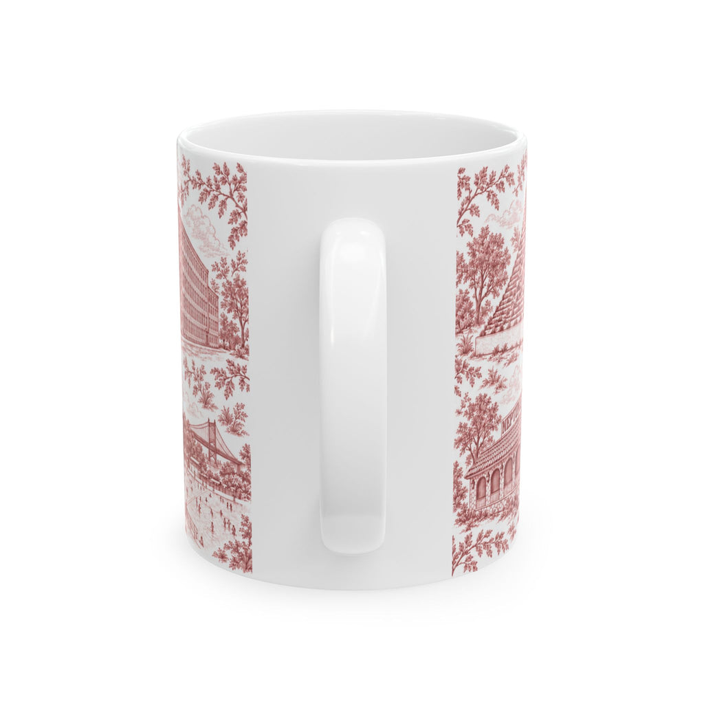 Astoria Red Toile Cityscape Ceramic Mug — 11oz Decorative Coffee Cup