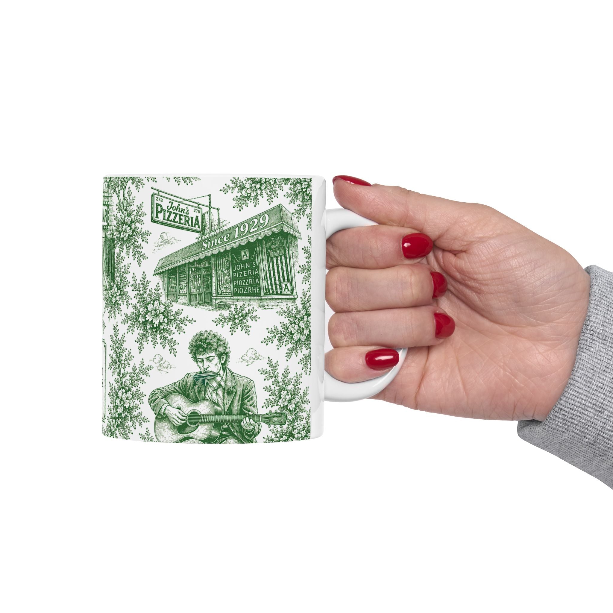 Greenwich Village Green Toile de Jouy Mug | NYC Chinoiserie Ceramic Coffee Cup