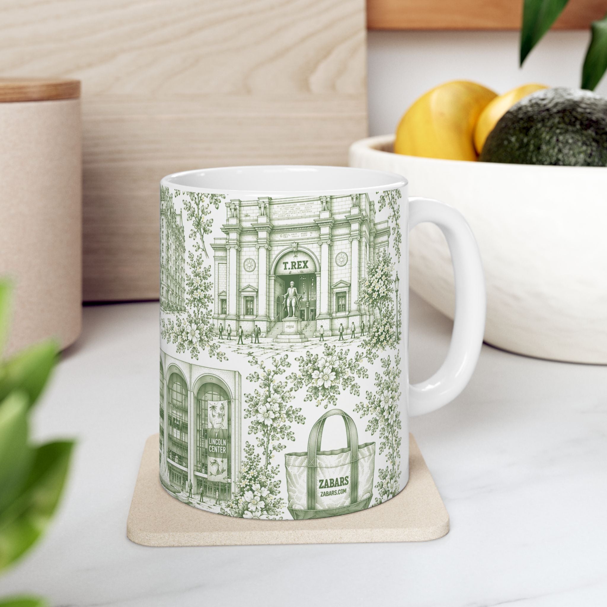 Upper West Side Green Toile Mug | New York Chinoiserie Ceramic Coffee Cup