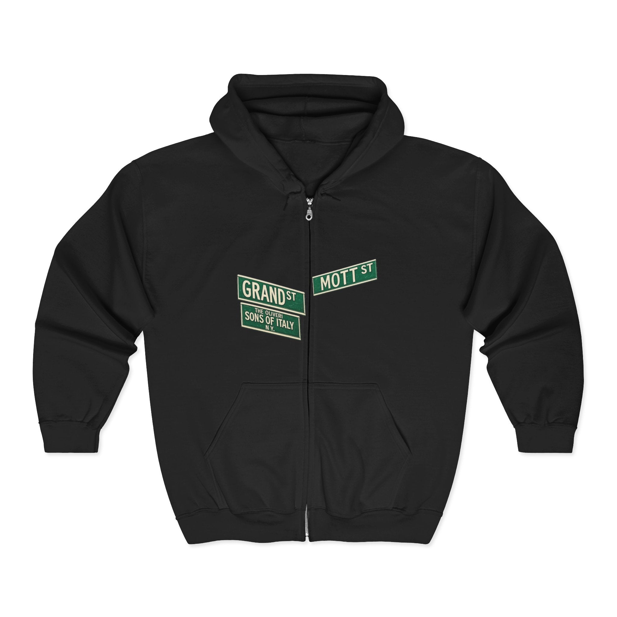 Little Italy Street Sign Zip up Hoodie | New York City Grand and Mott Sons of Italy Hooded Sweatshirt
