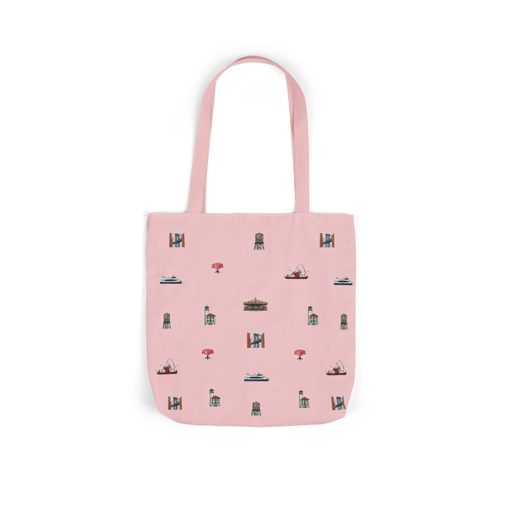 Icons of DUMBO Pink Canvas Tote Bag — Illustrated Brooklyn Landmarks Pattern