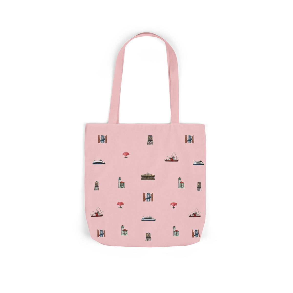 Icons of DUMBO Pink Canvas Tote Bag — Illustrated Brooklyn Landmarks Pattern