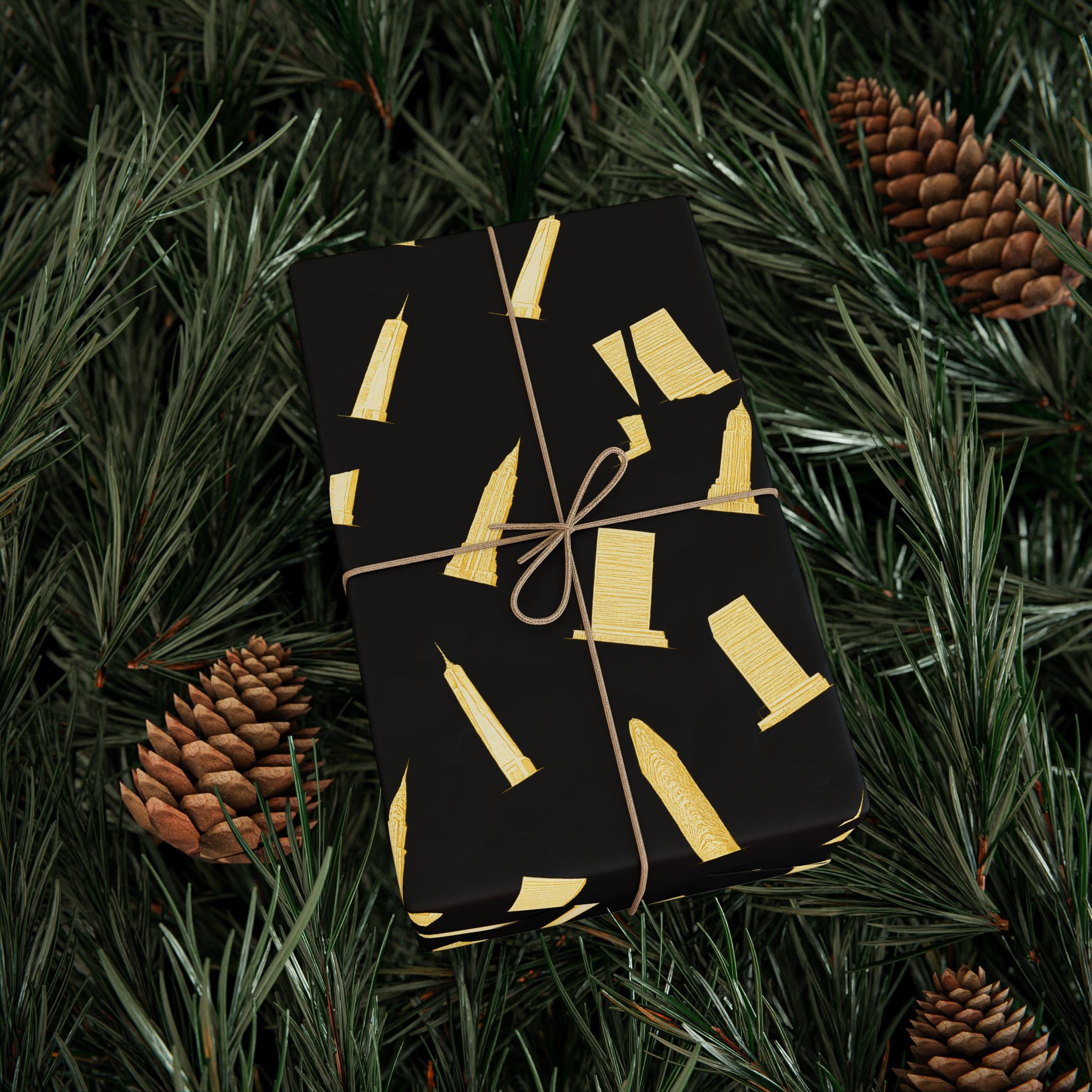 NYC Architecture Gold on Black Pattern Gift Wrap Paper | Iconic New York Buildings Empire State Chrysler Flatiron Wrapping Paper