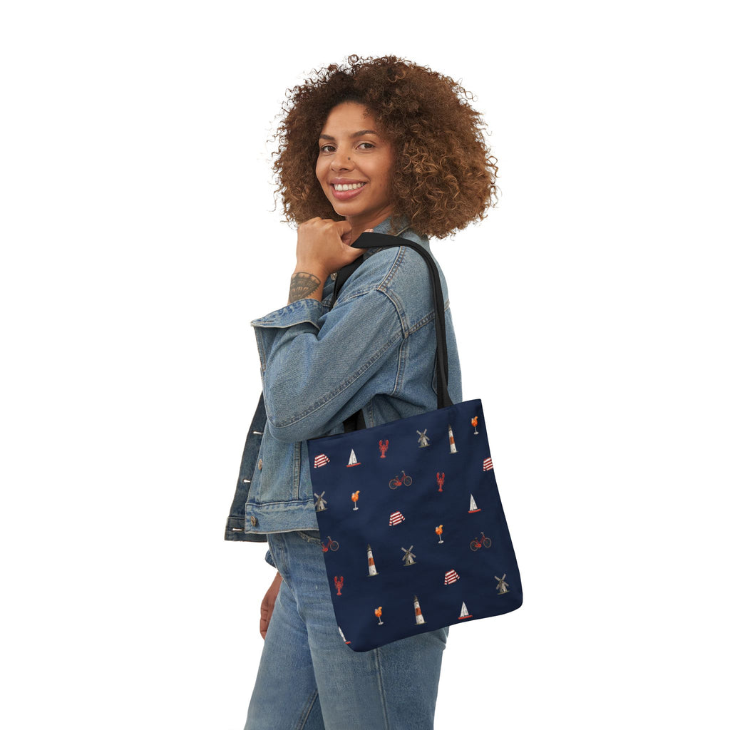 Icons of The Hamptons Blue Canvas Tote — Lighthouse, Windmill, Lobster, Sailboat print