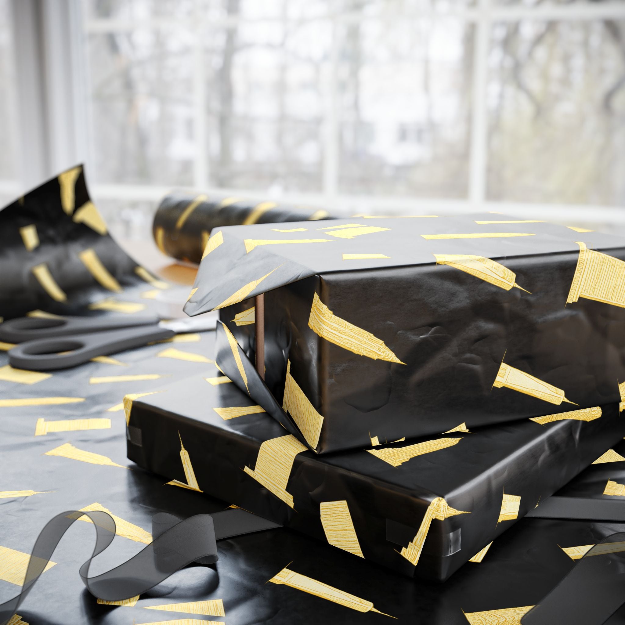 NYC Architecture Gold on Black Pattern Gift Wrap Paper | Iconic New York Buildings Empire State Chrysler Flatiron Wrapping Paper