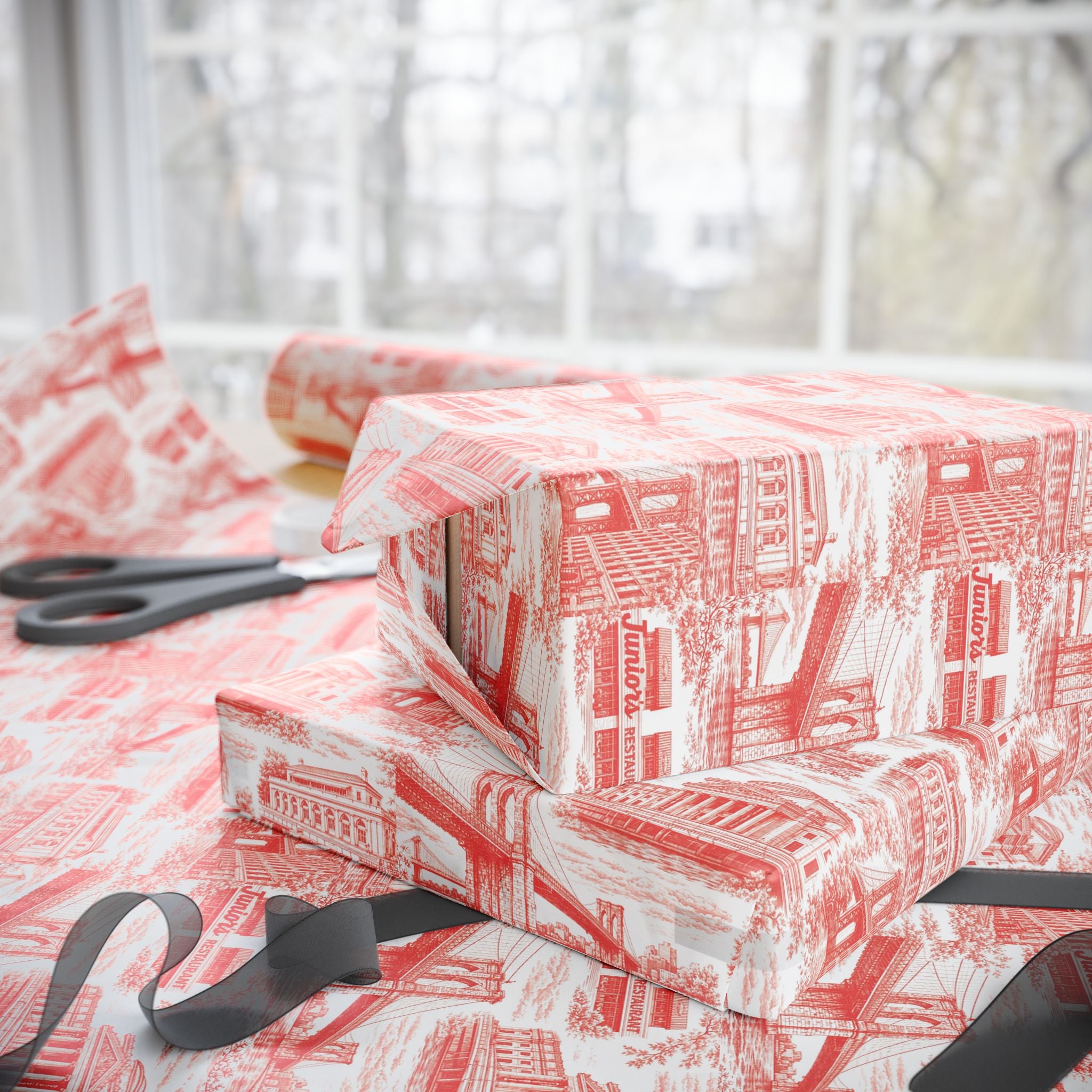 Brooklyn NYC Red Toile Gift Wrapping Papers   Chinoiserie New York City Gift Wrap Brooklyn Bridge Prospect Park Junior's DUMBO Museum