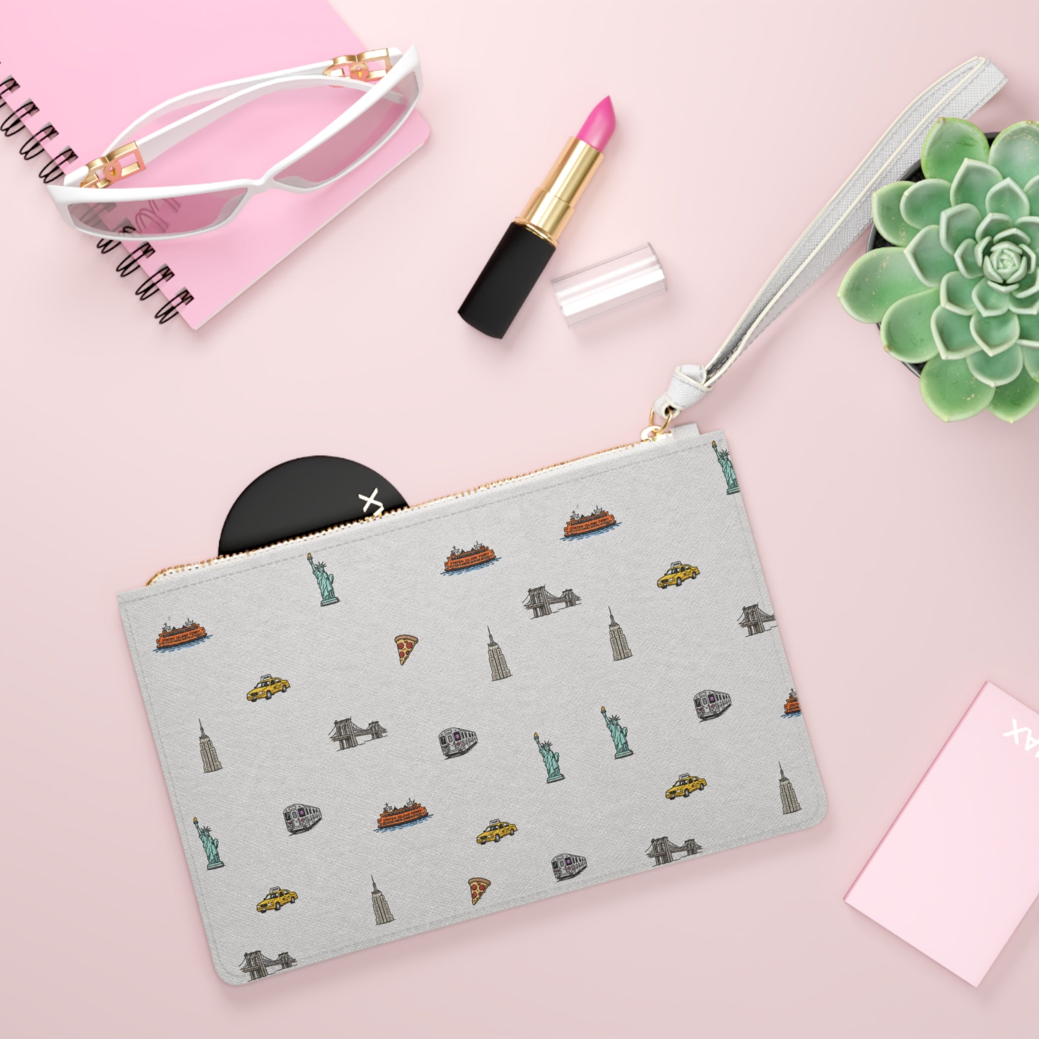 Icons of New York City Heather Gray Clutch — Statue of Liberty, Taxi & Pizza Pattern