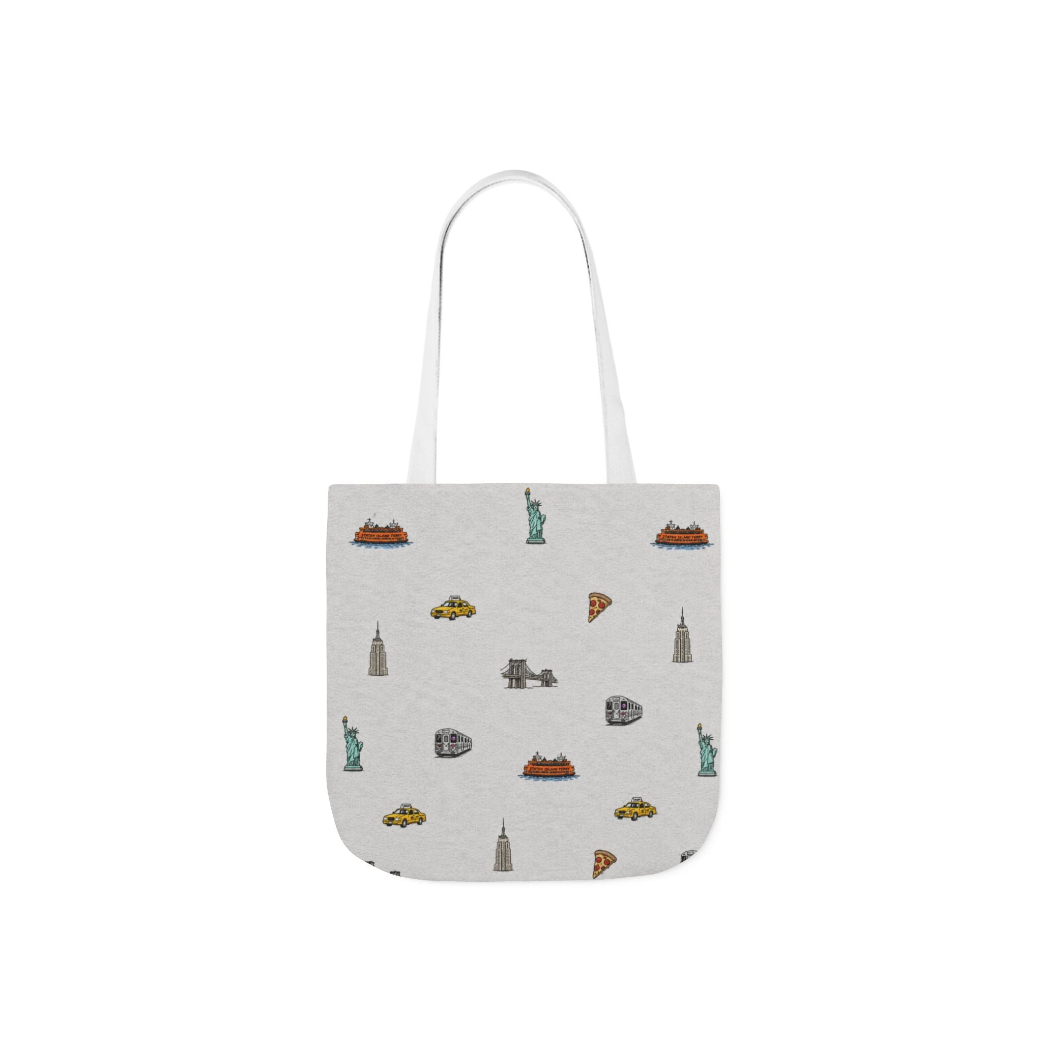 Icons of New York Heather Gray Canvas Tote — Statue of Liberty, Pizza & Taxi Pattern