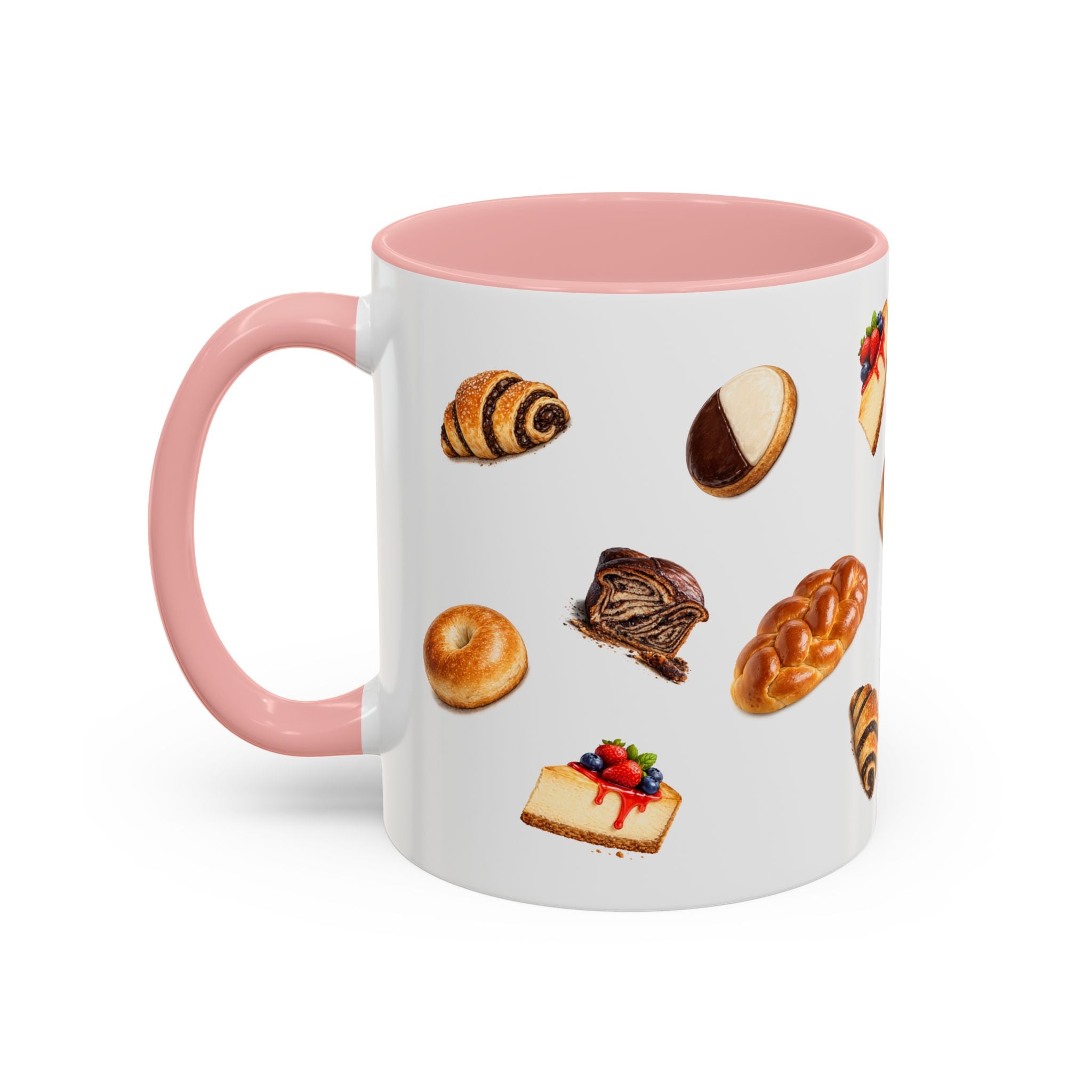 NYC Kosher Bakery Pattern Mug | Babka Cheesecake Rugelach Black + White Cookie Challah Bagel 11oz Ceramic Coffee Cup