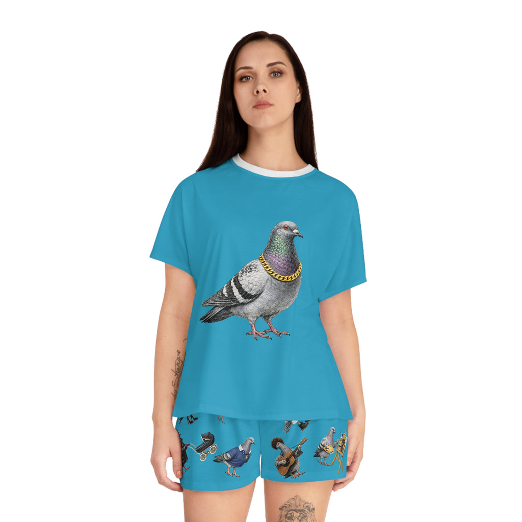 Blue NYC Pigeon Pattern Short Pajama Set | New York City Bird Lovers PJs Cozy Sleepwear