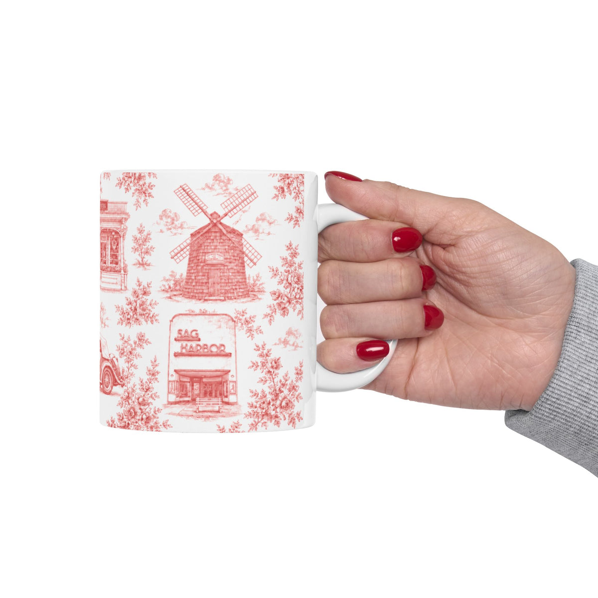 Sag Harbor Red Toile de Jouy Mug | Hamptons Chinoiserie Ceramic Coffee Cup