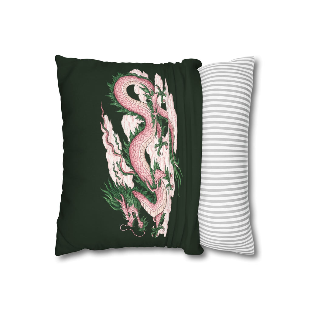 Chinatown Pink Dragon Square 16" x 16" Pillowcase – Dark Green Decorative Throw Pillow Cover (Pillow Not Included)