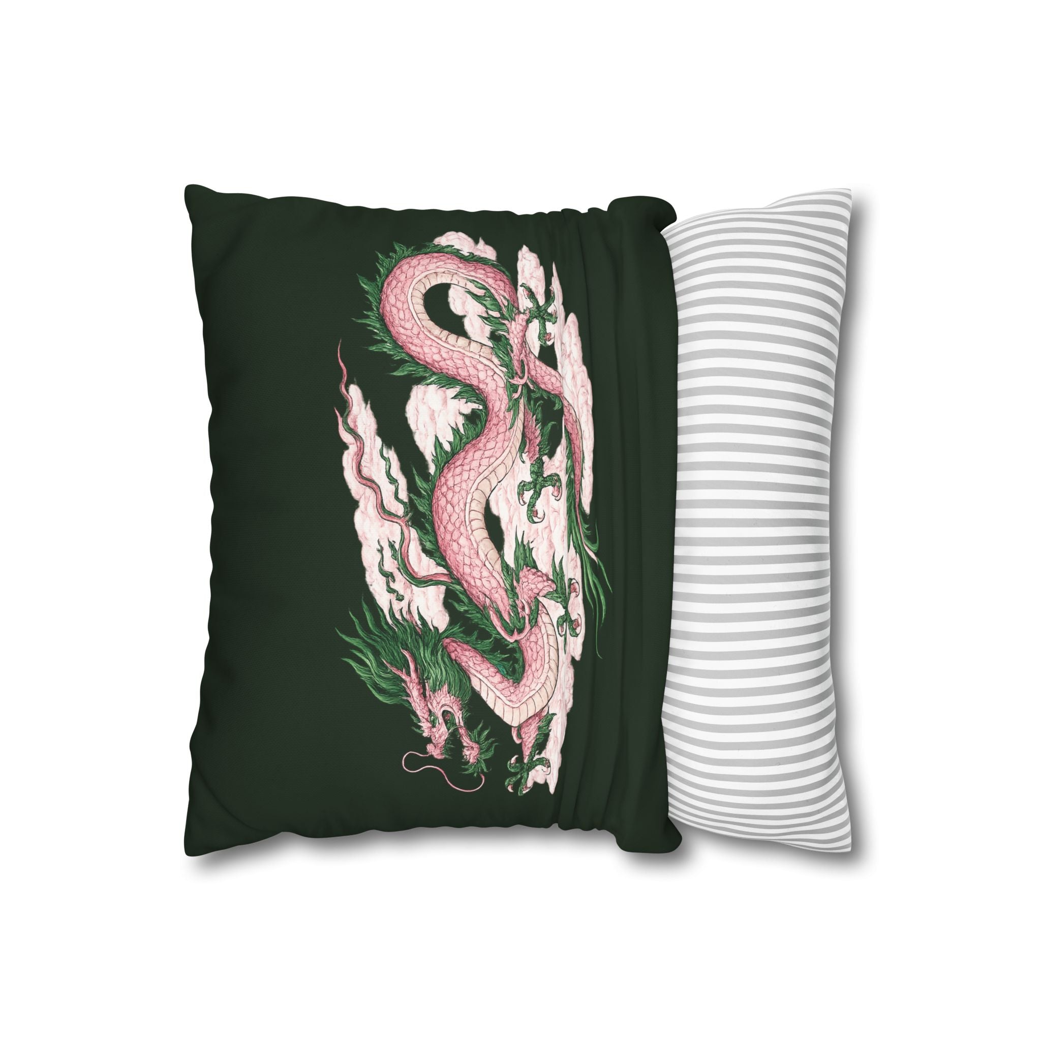 Chinatown Pink Dragon Square 16" x 16" Pillowcase – Dark Green Decorative Throw Pillow Cover (Pillow Not Included)