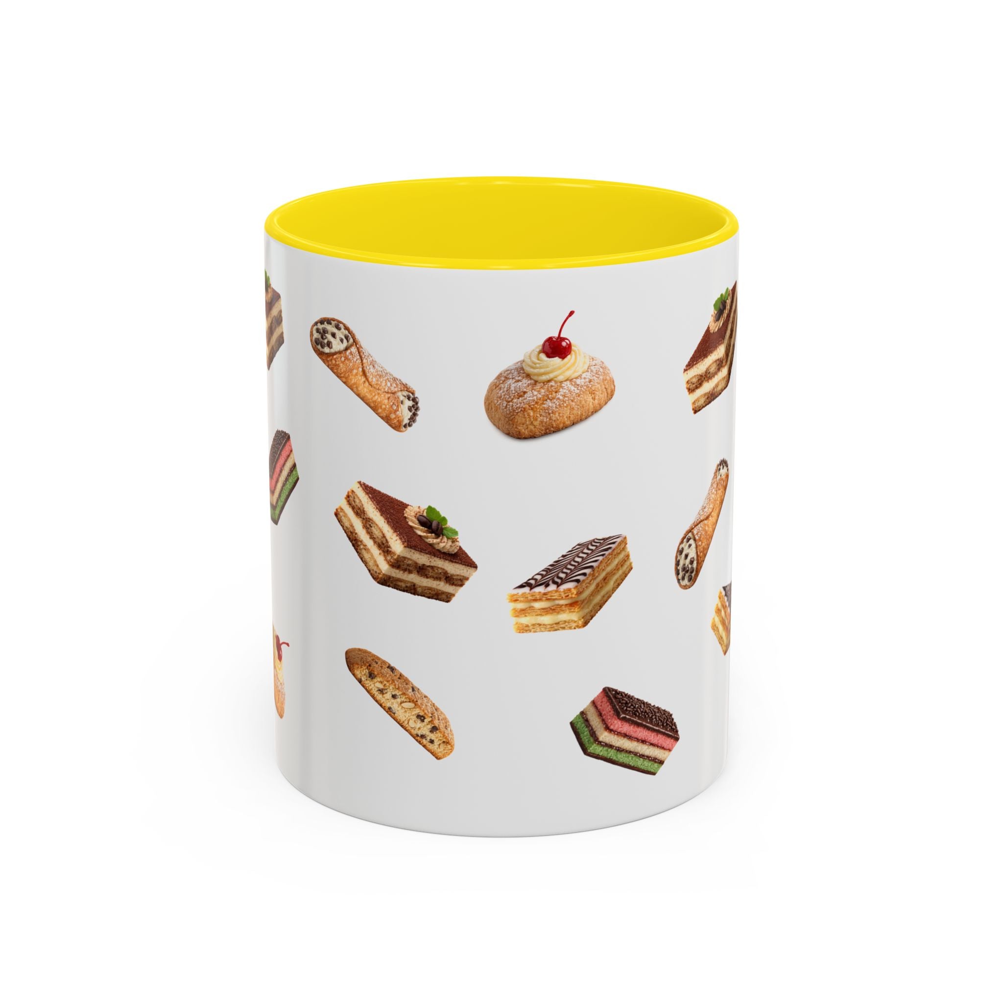 NYC Italian Bakery Pattern Accent Mug | Cannoli Rainbow Cookie Zeppoli Tiramisu Biscotti Napoleon 11oz Ceramic Coffee Cup