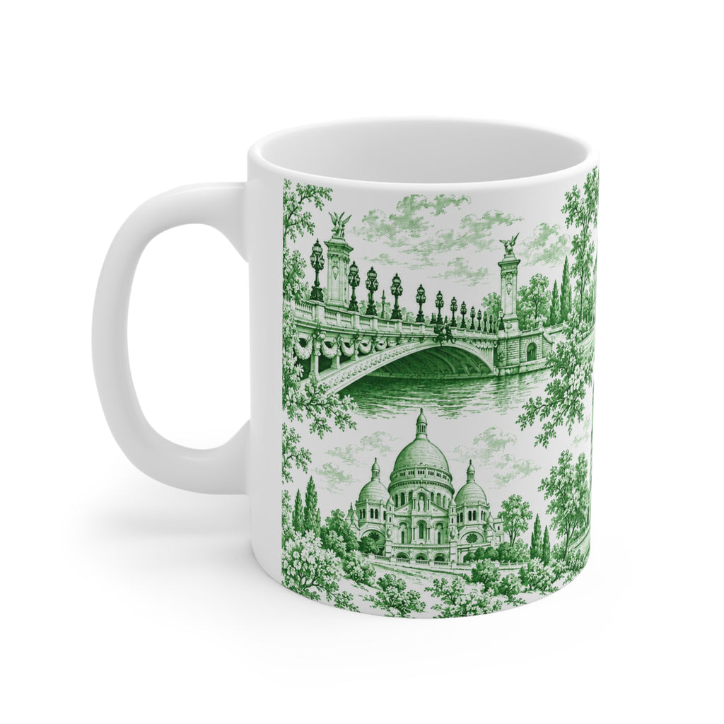 Paris Green and White Toile Ceramic Mug —  (11oz; Ships from Europe)