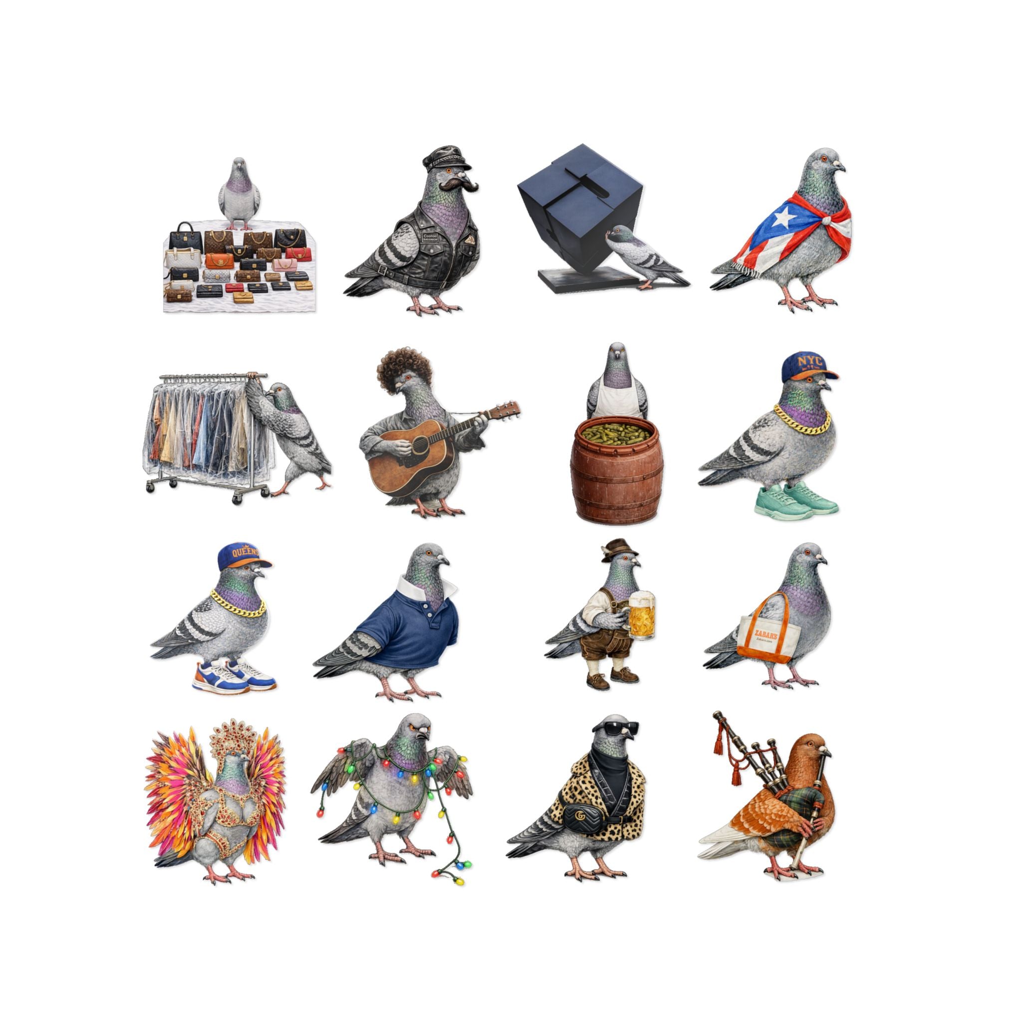 NYC Pigeon Sticker Sheet 3 — 16 More Quirky New York Pigeon Characters