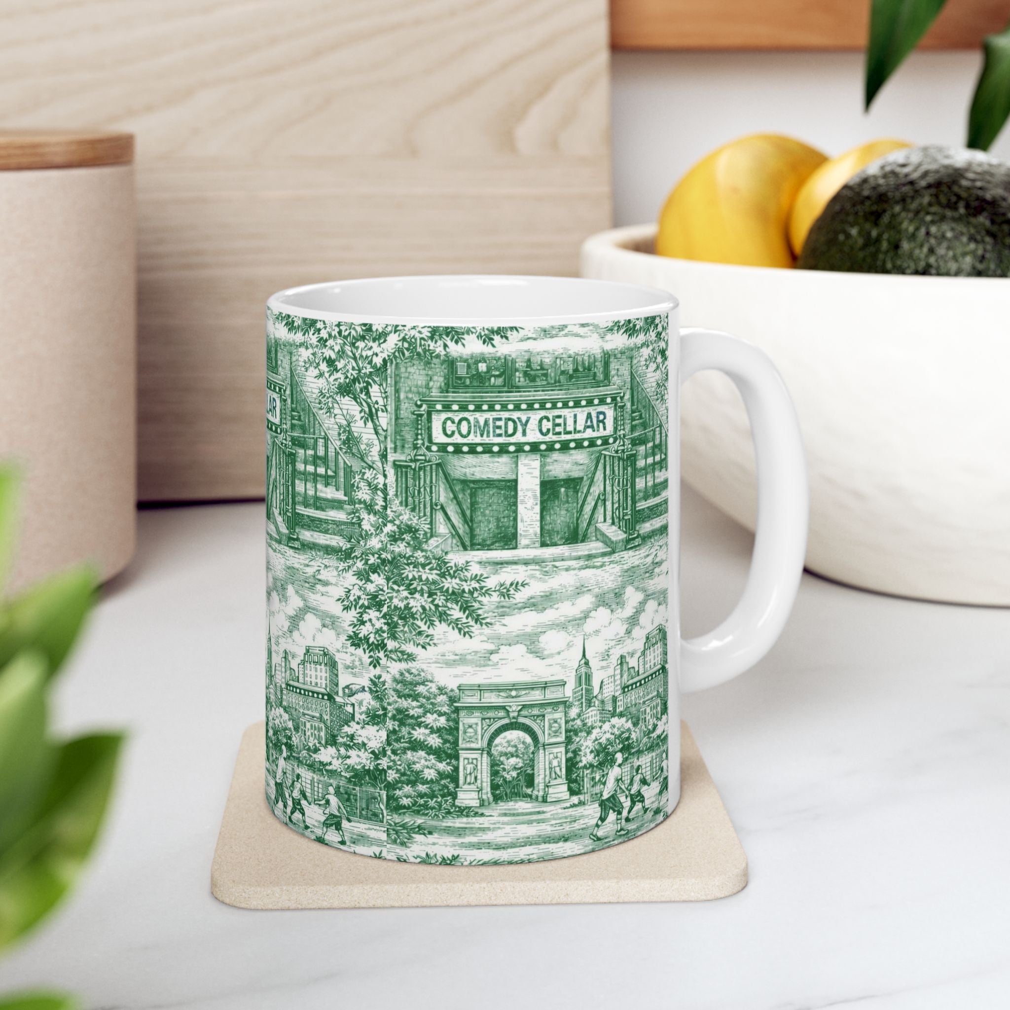 Greenwich Village Green and White Toile de Jouy Mug | NYC Chinoiserie Ceramic Coffee Cup