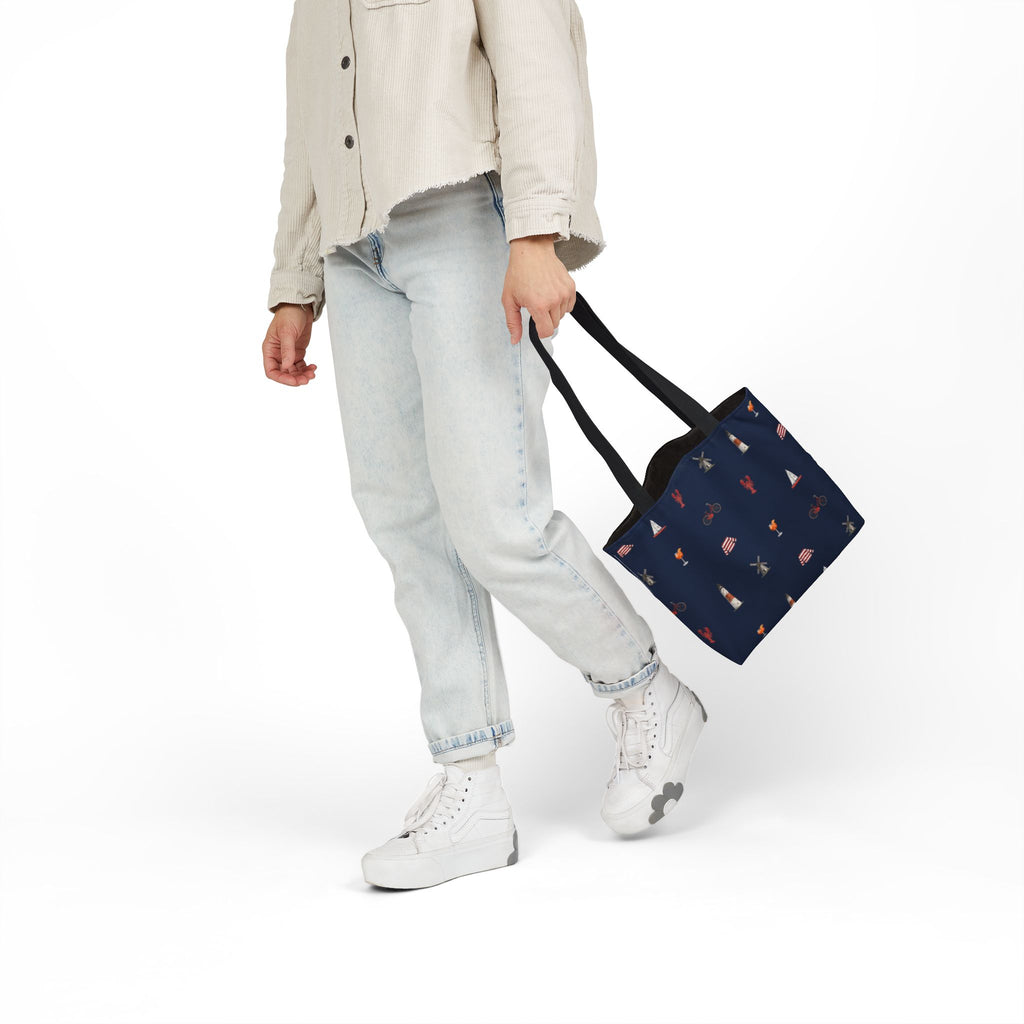Icons of The Hamptons Blue Canvas Tote — Lighthouse, Windmill, Lobster, Sailboat print