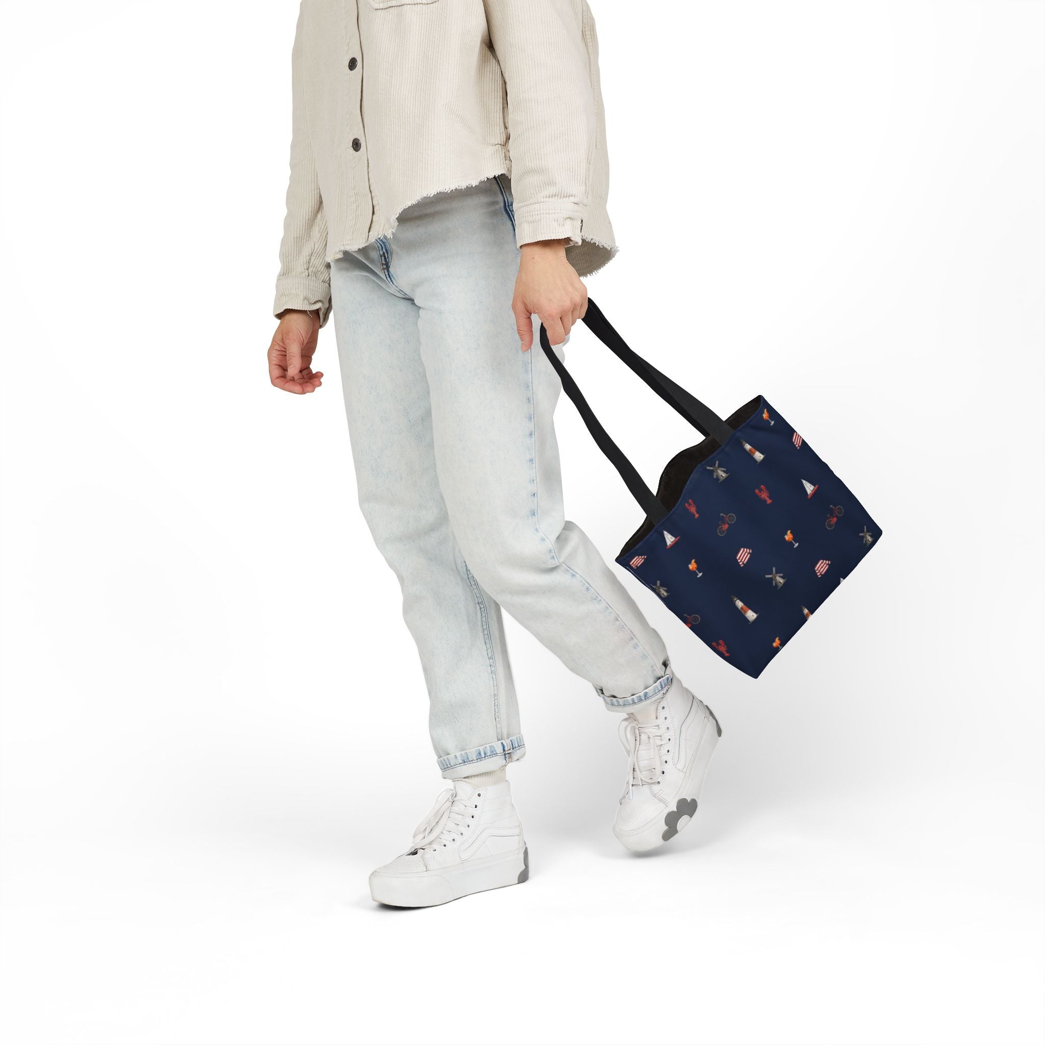 Icons of The Hamptons Blue Canvas Tote — Lighthouse, Windmill, Lobster, Sailboat print