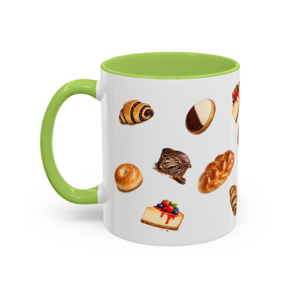 NYC Kosher Bakery Pattern Mug | Babka Cheesecake Rugelach Black + White Cookie Challah Bagel 11oz Ceramic Coffee Cup