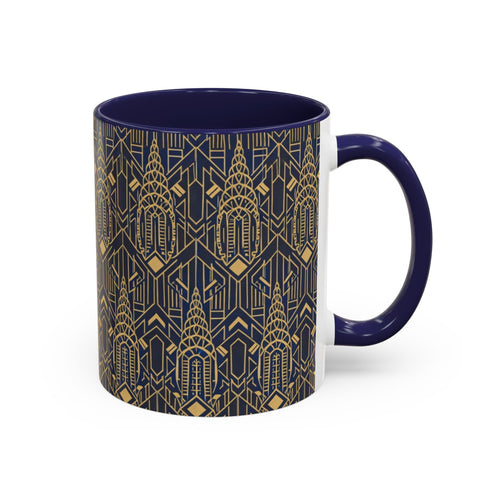 Art Deco Chrysler Building Navy & Gold Accent Coffee Mug — Manhattan Art Deco Pattern 11 oz