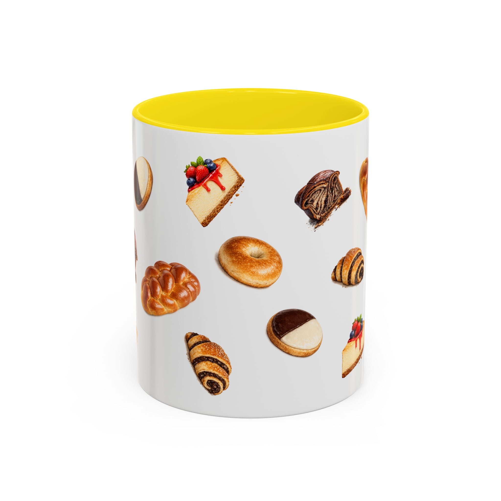 NYC Kosher Bakery Pattern Accent Mug | Babka Cheesecake Rugelach Black + White Cookie Challah Bagel 11oz Ceramic Coffee Cup
